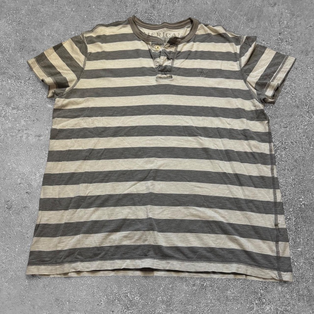 American Eagle Outfitters Mens XL Gray Beige Striped Henley T Shirt Y2K Cotton